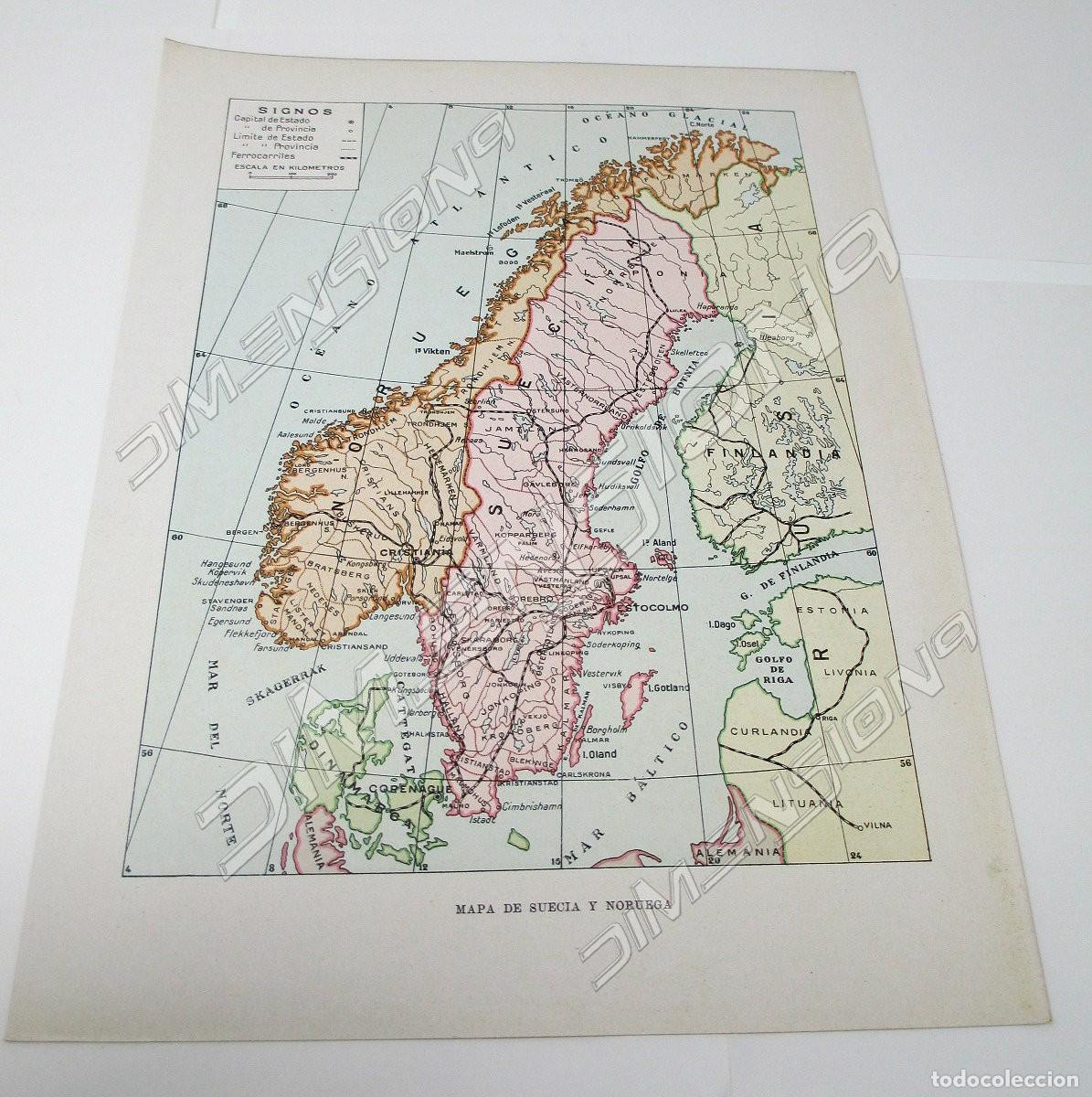 Contemporary maps: L&aacute;mina de mapa antiguo de 1900 / 1915 de Suecia y Noruega - Mide 27 x 20 cm.