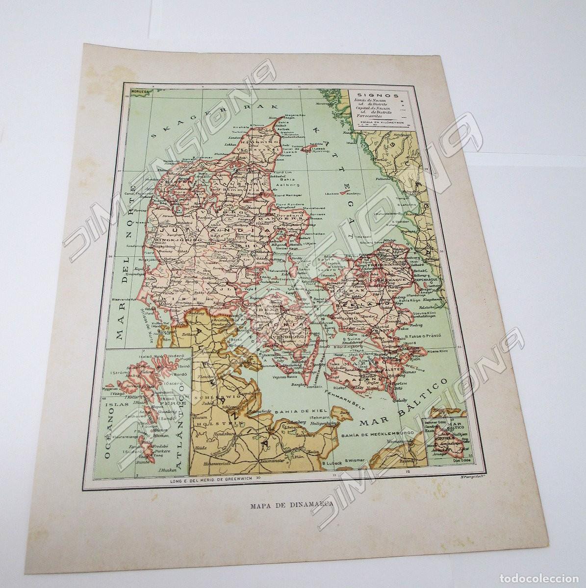 Contemporary maps: L&aacute;mina de mapa antiguo de 1900 / 1915 de Dinamarca - Mide 27 x 20 cm.
