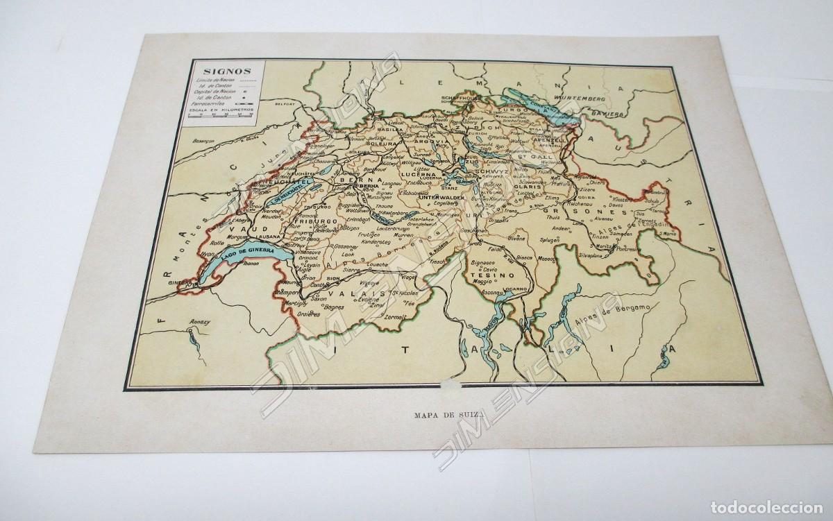 Contemporary maps: L&aacute;mina de mapa antiguo de 1900 / 1915 de Suiza - Mide 27 x 20 cm.