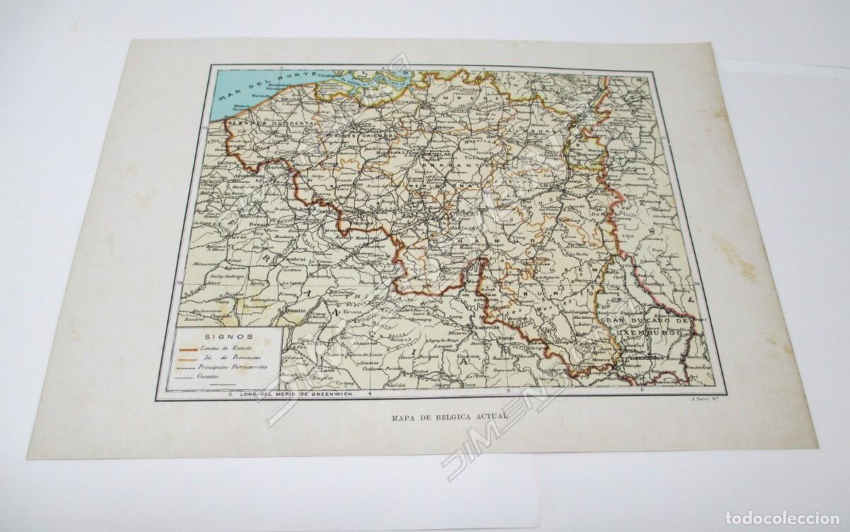 Contemporary maps: L&aacute;mina de mapa antiguo de 1900 / 1915 de B&eacute;lgica - Mide 27 x 20 cm.