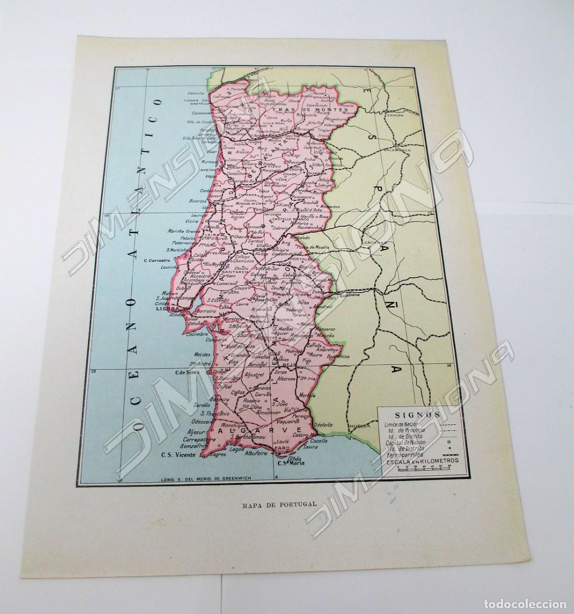 Contemporary maps: L&aacute;mina de mapa antiguo de 1900 / 1915 de Portugal - Mide 27 x 20 cm.