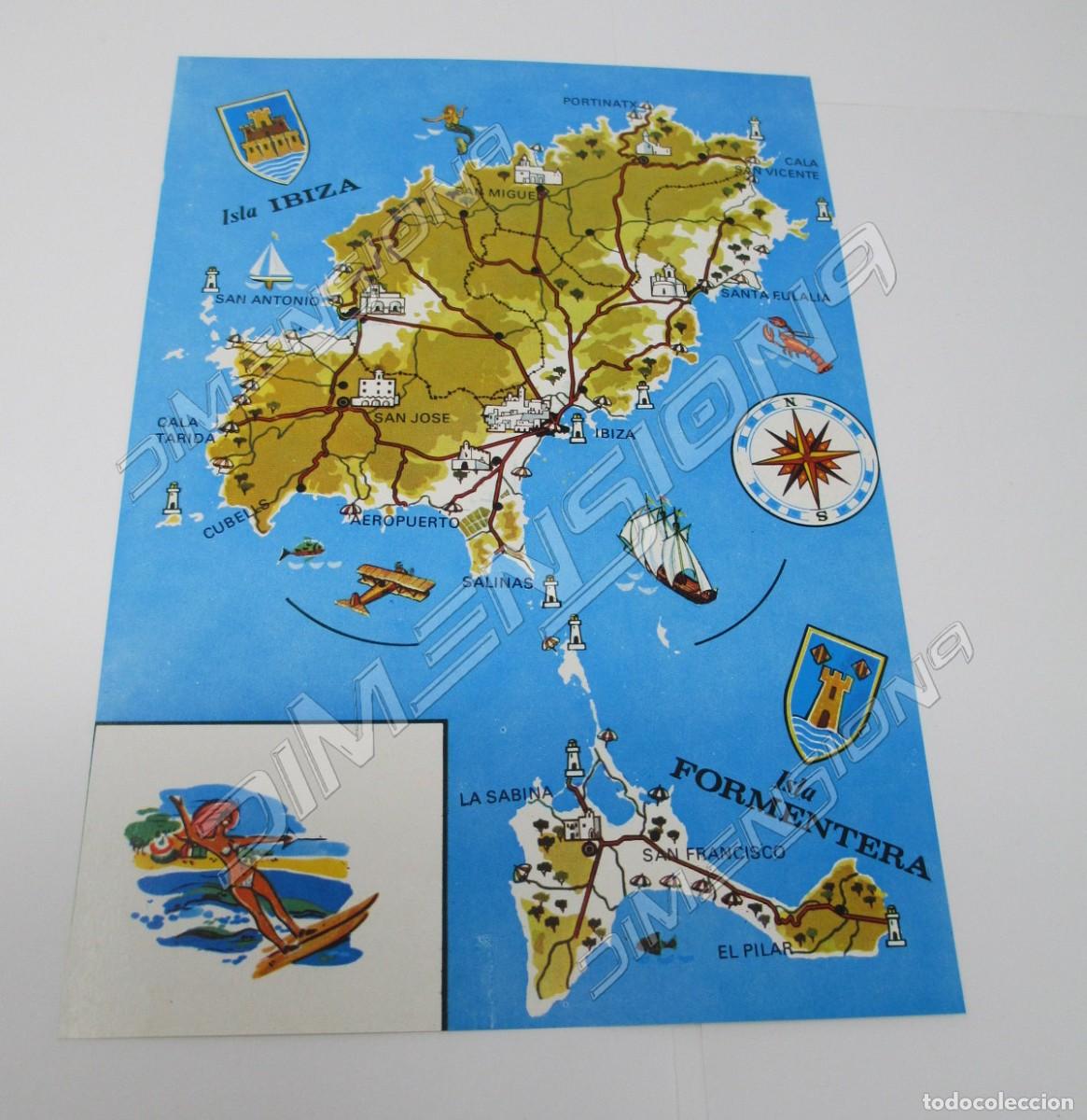 Contemporary maps: Peque&ntilde;o mapa de la Isla de Ibiza de los a&ntilde;os 60 - Mide 20 x 14 cm.