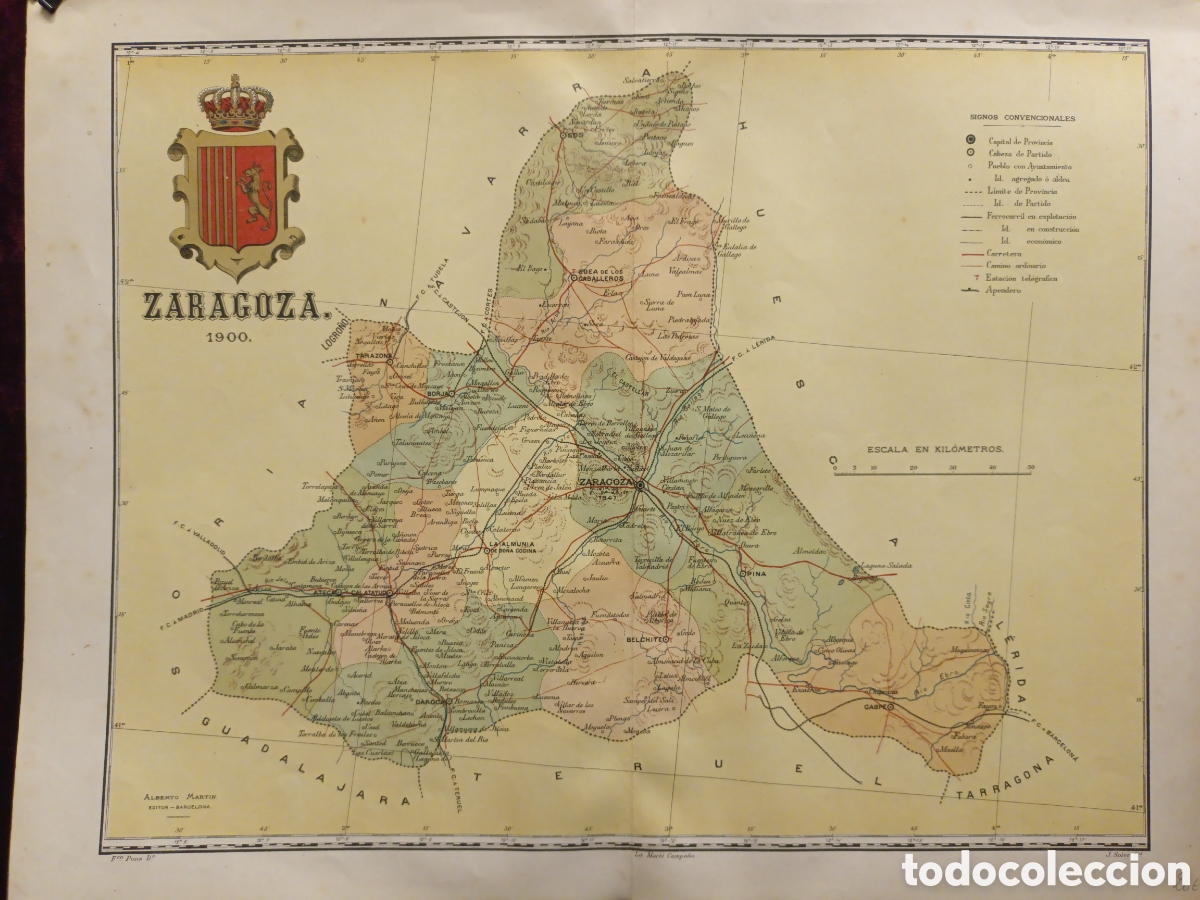 Zeitgen&ouml;ssische Karten: MAPA ORIGINAL LITOGR&Aacute;FICO CON ESCUDO DE ZARAGOZA - 1900 - CHIAS CARB&Oacute; - EDT MART&Iacute;N - 50 X 37.50 CM