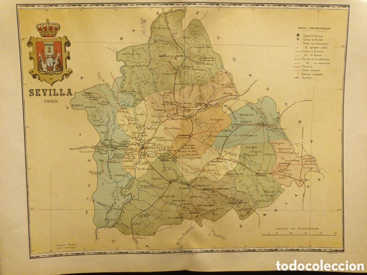 Contemporary maps: MAPA ORIGINAL LITOGR&Aacute;FICO CON ESCUDO DE SEVILLA - 1900 - CHIAS CARB&Oacute; - EDT MART&Iacute;N - 50 X 37.50 CM