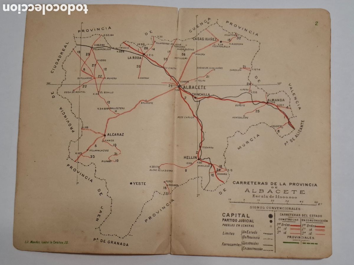Mapas contempor&aacute;neos: Carreteras de la provincia de Albacete 1907, Mapa publicado por Direcci&oacute;n General de Obras P&uacute;blicas