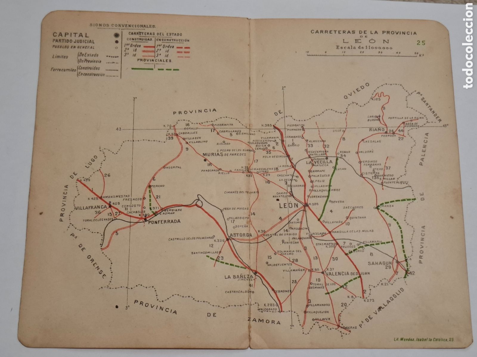 Mapas contempor&aacute;neos: Carreteras de la provincia de Le&oacute;n 1907 Mapa publicado por Direcci&oacute;n General de Obras P&uacute;blicas