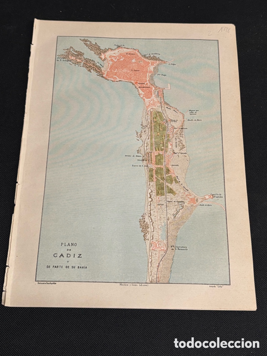 Contemporary maps: PLANO DE CADIZ Y DE PARTE DE SU BAH&Iacute;A 1888. 31X22 CM. CROMOLITOGRAF&Iacute;A.