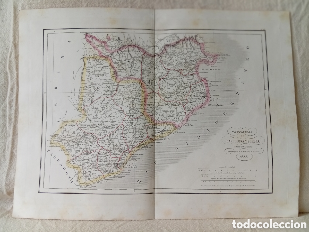 Mapas contempor&acirc;neos: ANTIGUO MAPA - PROVINCIAS DE BARCELONA Y GERONA - POR R. ALABERN Y E. MABON. A&Ntilde;O 1853.