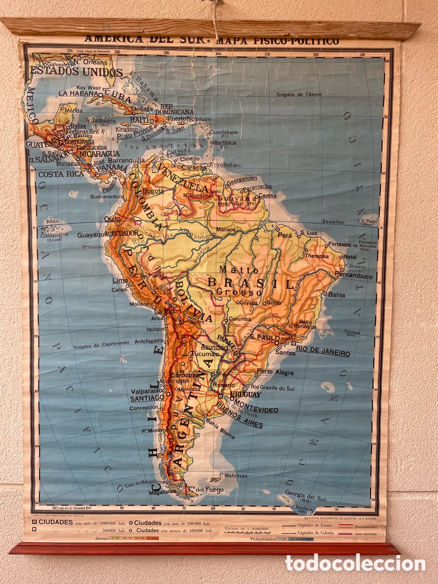 Mapas contempor&aacute;neos: Antiguo Mapa de escuela Am&eacute;rica del Sur. Mapa f&iacute;sico- pol&iacute;tico. 1937. Gran tama&ntilde;o.