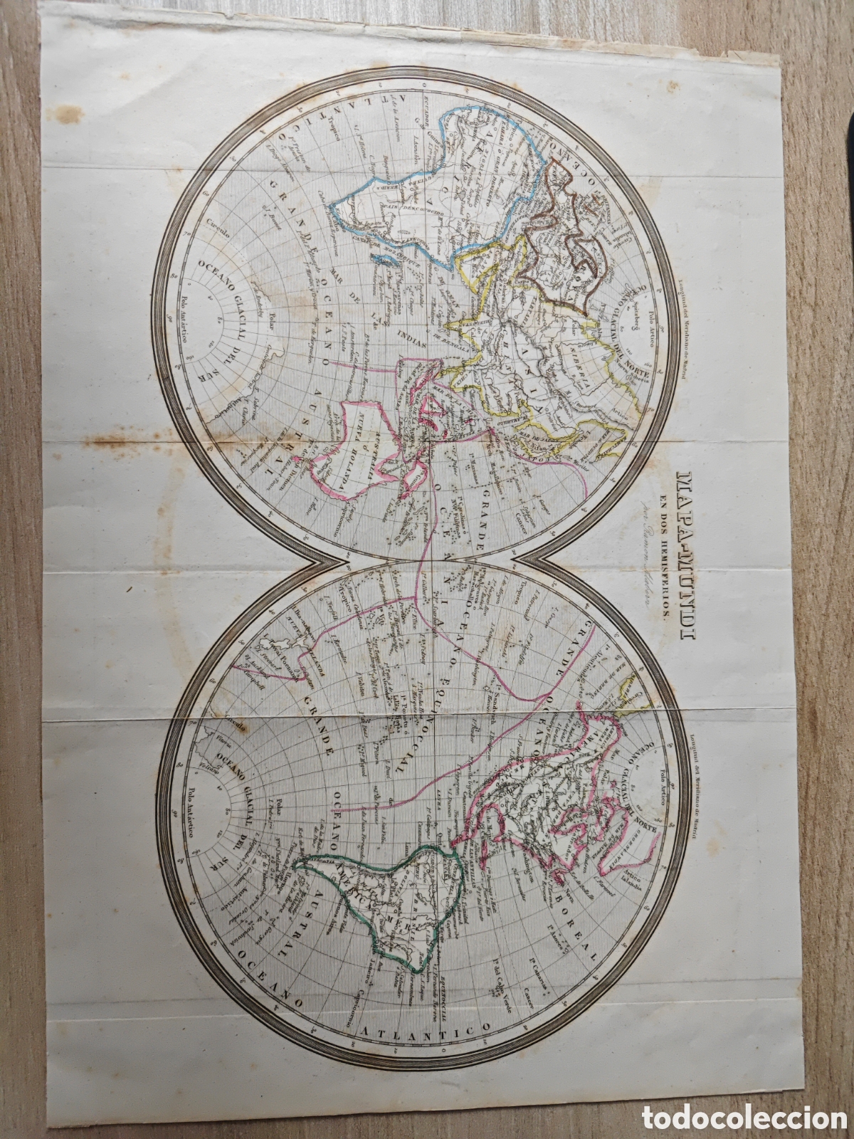 Mapas contempor&aacute;neos: MAPA ANTIGUO ORIGINAL MAPAMUNDI EN DOS HEMISFERIOS SIGLO XIX 1856 Ram&oacute;n Alabern