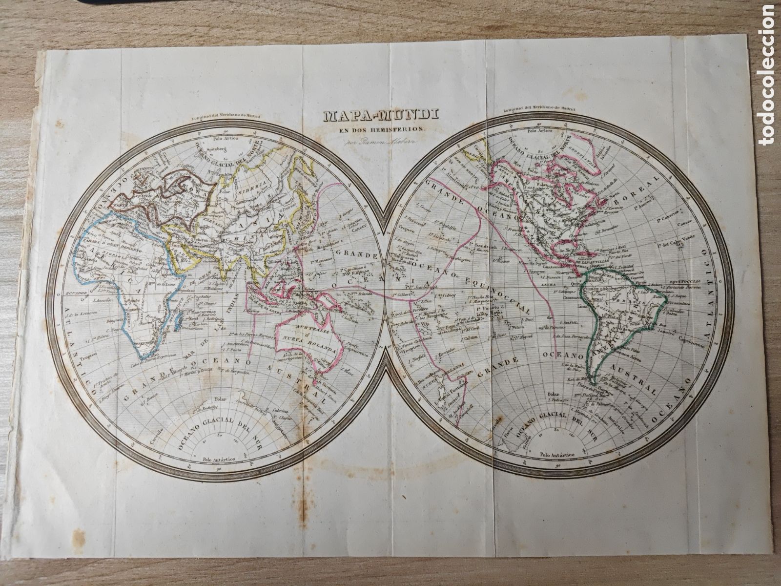 Mapas contempor&aacute;neos: MAPA ANTIGUO ORIGINAL MAPAMUNDI EN DOS HEMISFERIOS SIGLO XIX 1856 Ram&oacute;n Alabern