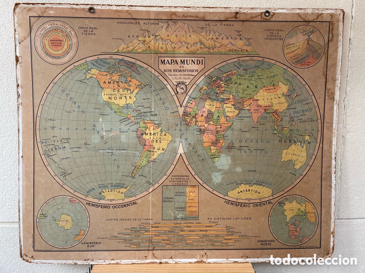 Mapas contempor&aacute;neos: Antiguo Mapa mundi en dos hemisferios y planisferio 1967. mapa de escuela.