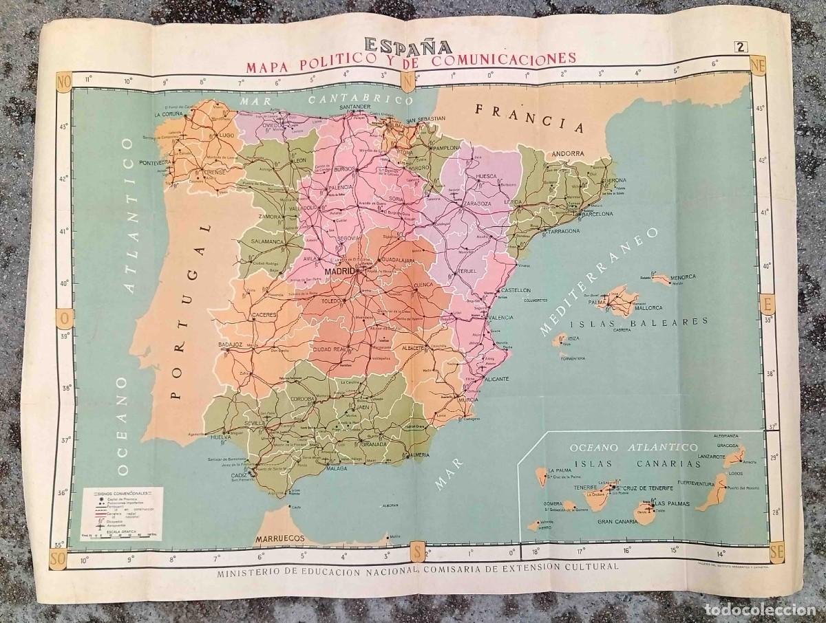 Mapas contempor&aacute;neos: ESPA&Ntilde;A. MAPA POL&Iacute;TICO Y DE COMUNICACIONES. MINISTERIO DE EDUCACI&Oacute;N NACIONAL. SOBRE 1950.