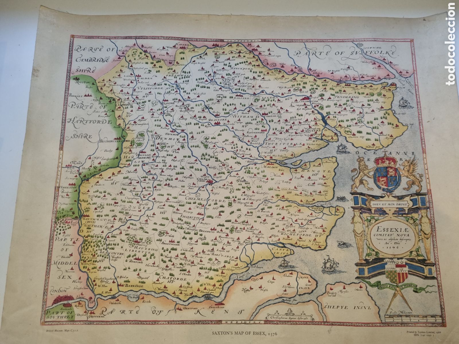 Mapas contempor&aacute;neos: Litograf&iacute;a Saxton's map of Essex, 1576. Copia British Museum. 1968