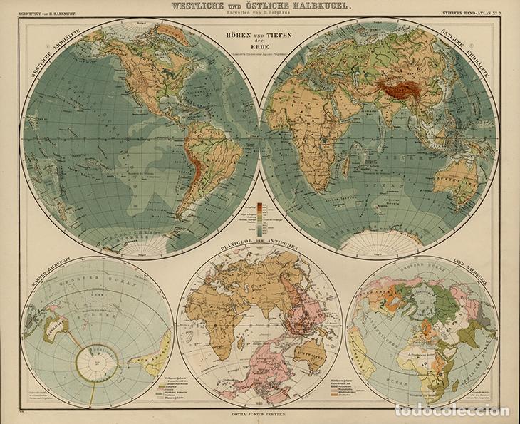 Mapas contempor&aacute;neos: MAPAMUNDIS EN DIFERENTES PROYECCIONES GLOBULARES Y HEMISFERIOS, DE 1908, LITOGRAF&Iacute;A STIELER&rsquo;S, 9&ordf; Ed