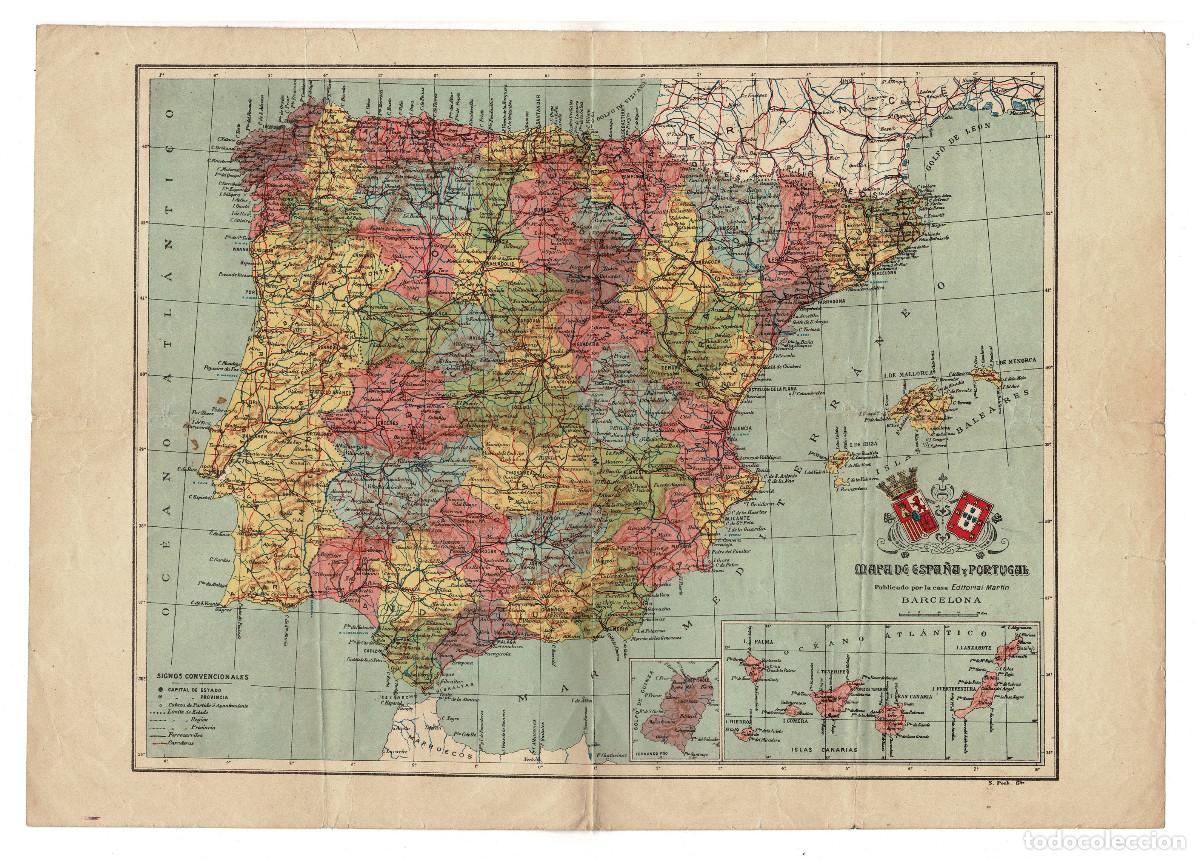 Mapas contempor&aacute;neos: MAPA LITOGR&Aacute;FICO ANTIGUO DE ESPA&Ntilde;A Y PORTUGAL PUBLICADO POR ALBERTO MART&Iacute;N EN BARCELONA, REP&Uacute;BLICA.