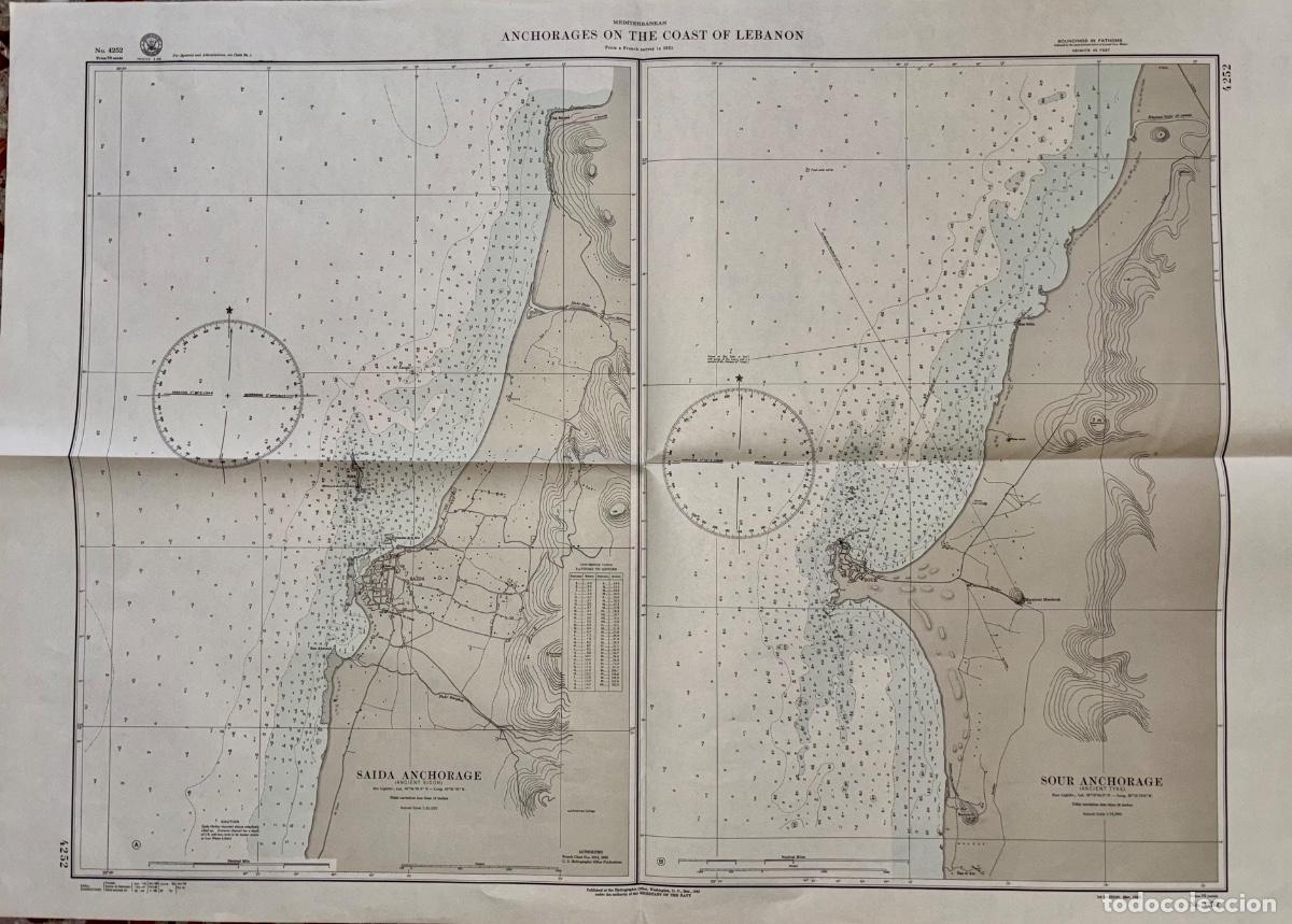 Mapas contempor&aacute;neos: GRAN CARTA NAUTICA- LEBANON- LIBANO- ANCHORAGES SOUR TYRE- SAIDA- SIDON- WASHINGTON- 1945