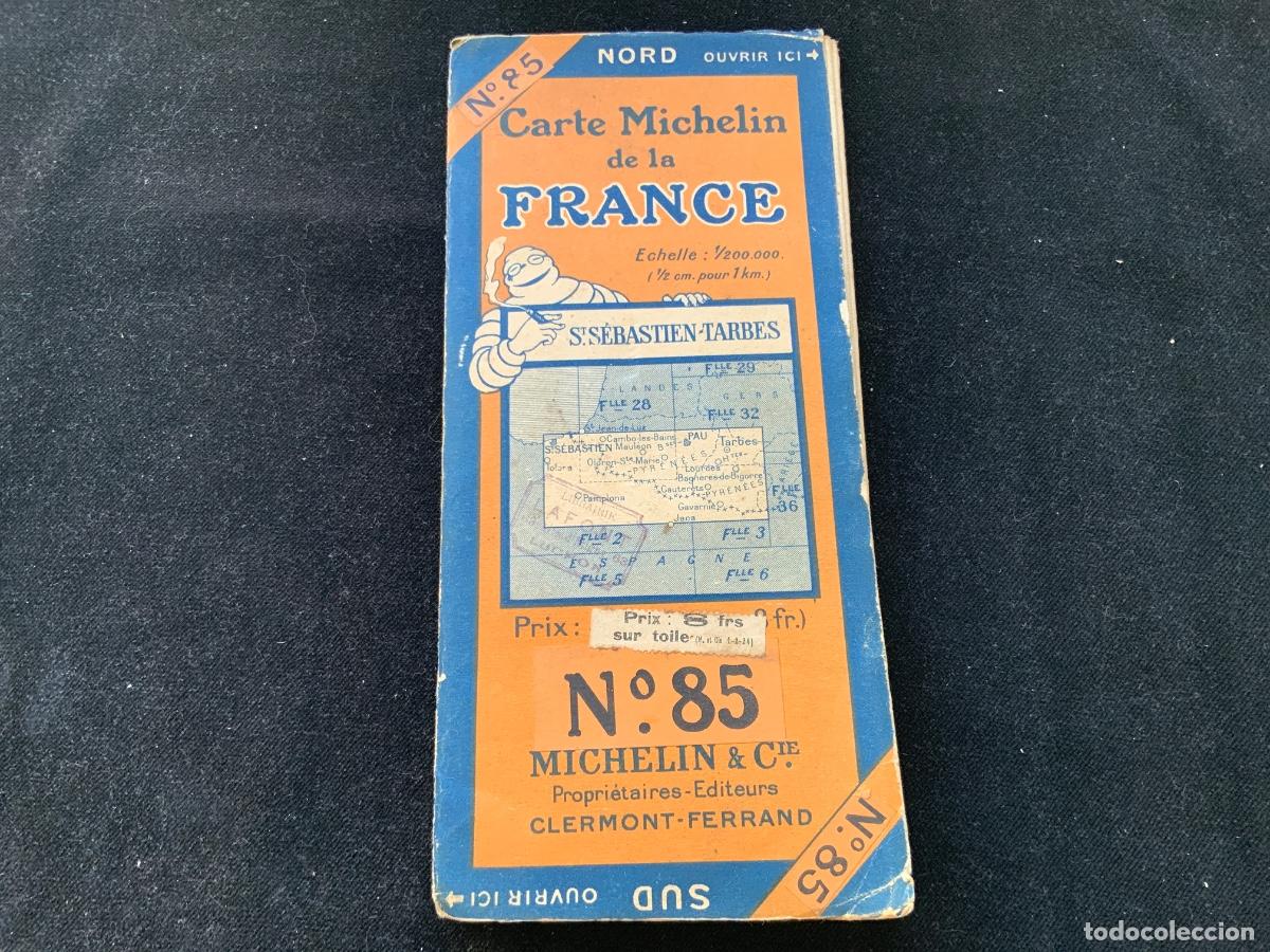 Mapas contempor&aacute;neos: Mapa michelin carte, Francia-Espa&ntilde;a, san sebastian, pamplona, tarbes, hacia 1924, 8 francs. N&ordm;85.