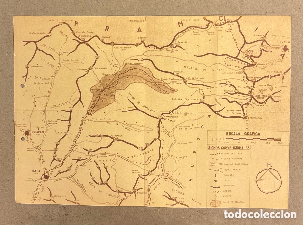 Mapas contempor&aacute;neos: VALLE DE BELAGUA. ANTIGUO MAPA DE LA REGI&Oacute;N DEL PIRINEO NAVARRO.