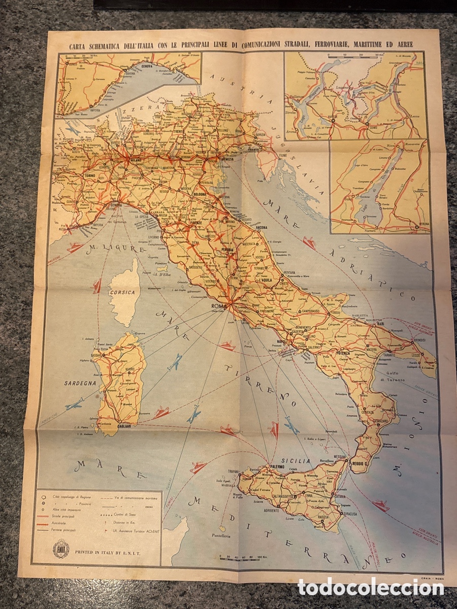 Mapas contempor&aacute;neos: Mapa carta schematica LINEA COMUNI STRADALI FERROVIARIA MARITIME ED AEREE ITALIA BY E.N.I.T.