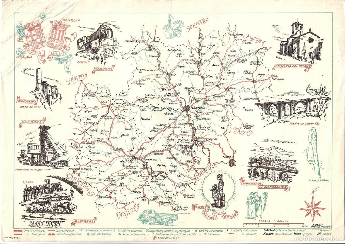 Mapas contempor&aacute;neos: L`ANOIA-EL BAGES-MAPA COMARCAL EDITADO POR SEIX Y BARRAL EN LOS A&Ntilde;OS 40 DEL SIGLO XX