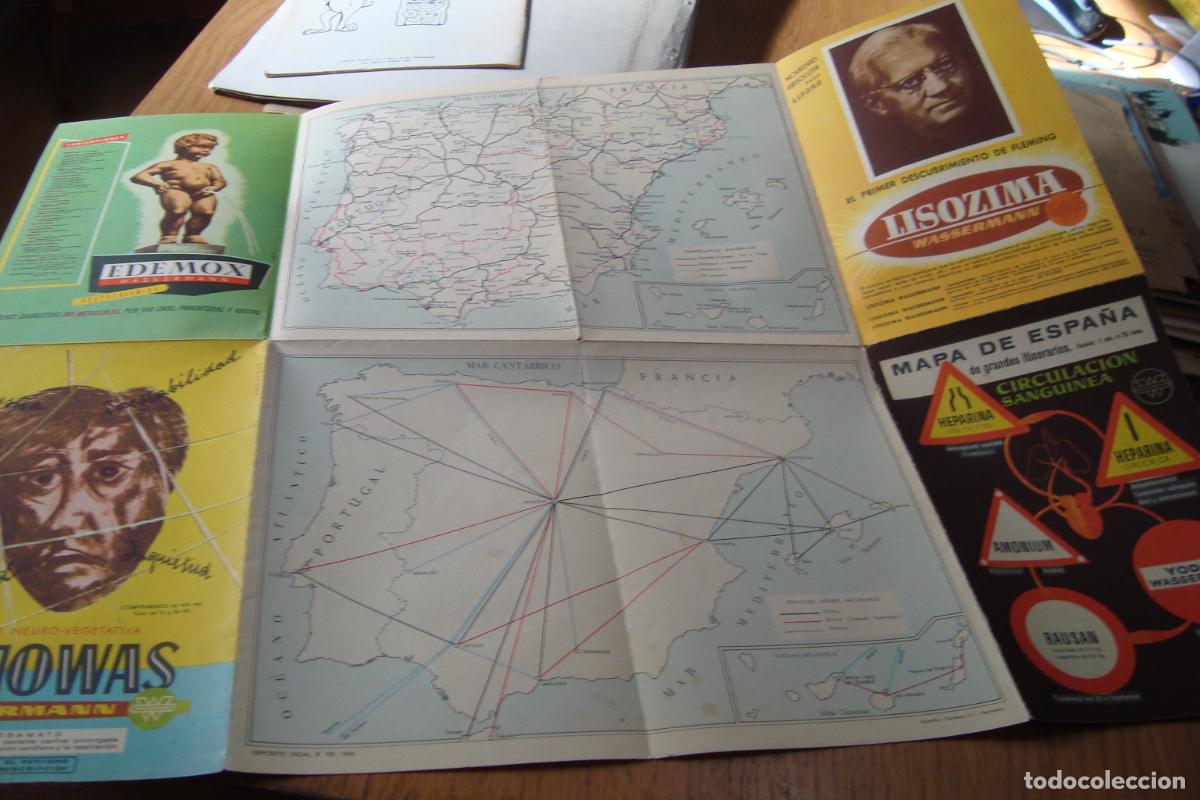 Mapas contempor&aacute;neos: ANTIGUO MAPA ESPA&Ntilde;A ITINERARIOS. PUBLICIDAD MEDICAMENTOS WASSERMANN 1960.