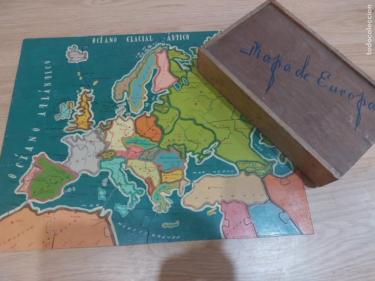 Mapas contempor&aacute;neos: antiguo mapa de Europa . en madera puzzle a&ntilde;os 40 en caja original