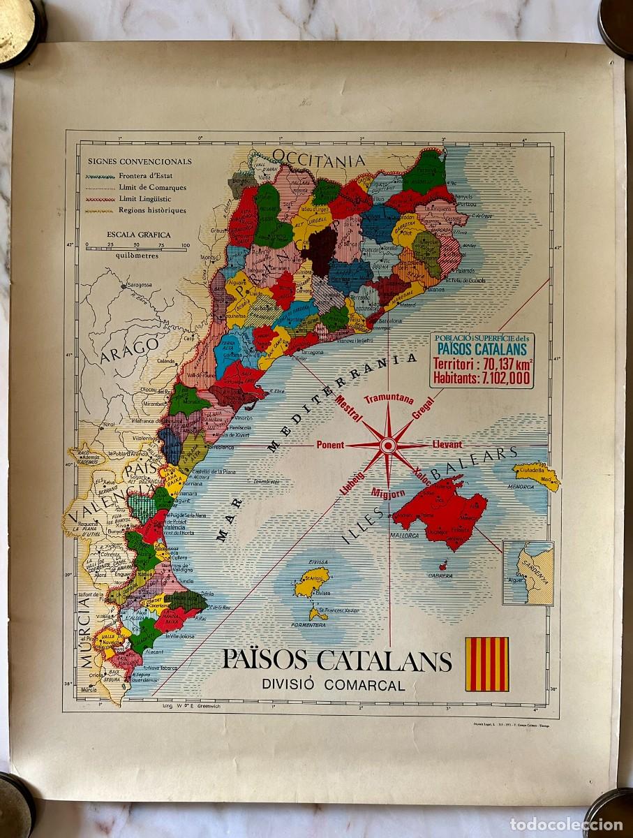 Mapas contempor&aacute;neos: MAPA ORIGINAL PA&Iuml;SOS CATALANS DIVISI&Oacute; COMARCAL 1971 - 49 X 61 cm - F. CAMPS CALMET - T&Agrave;RREGA