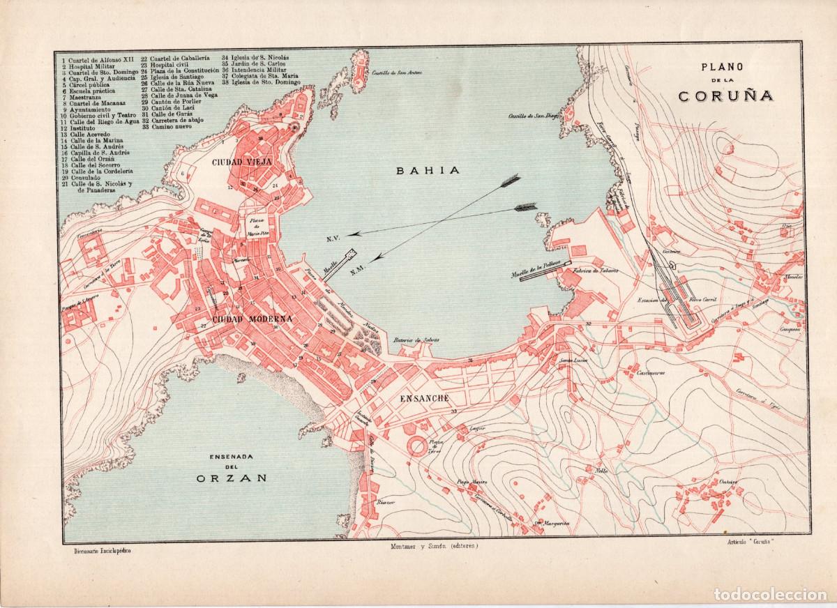 Mapas contempor&aacute;neos: PLANO DE LA CORU&Ntilde;A 1890, L&Aacute;MINA 22,8X31 ,ENCICLOPEDIA MONTANER Y SIM&Oacute;N.