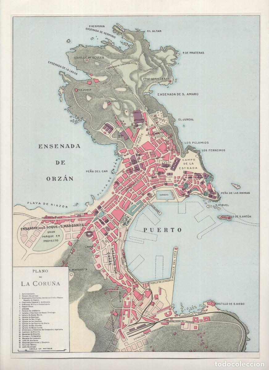 Mapas contempor&aacute;neos: PLANO DE LA CORU&Ntilde;A. CARTOGRAF&Iacute;A URBANA DETALLADA Y LEYENDA DE EDIFICIOS HIST&Oacute;RICOS.20X27,5.