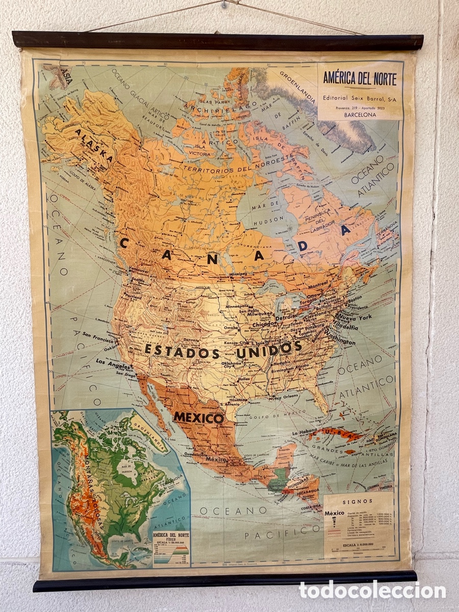 Mapas contempor&aacute;neos: Antiguo Mapa de escuela Am&eacute;rica del Norte. Mapa f&iacute;sico-pol&iacute;tico. Gran tama&ntilde;o.