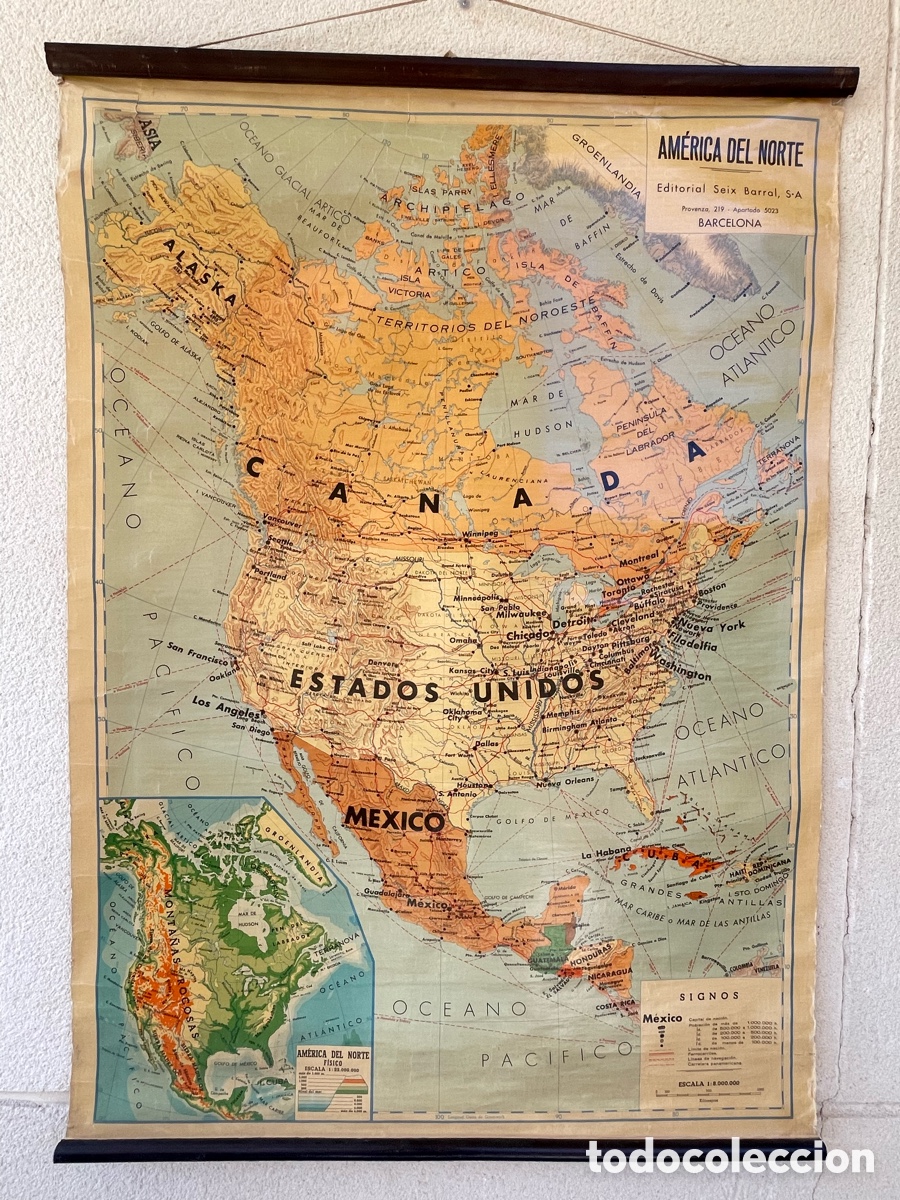 Mapas contempor&aacute;neos: Antiguo Mapa de escuela Am&eacute;rica del Norte. Mapa f&iacute;sico-pol&iacute;tico. Gran tama&ntilde;o.