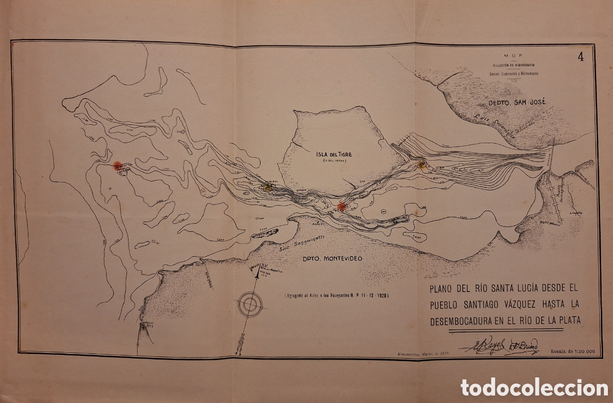 Mapas contempor&aacute;neos: Plano del rio Santa Luc&iacute;a desde el pueblo Santiago Vazquez a desembocadura Rio de la Plata 1930