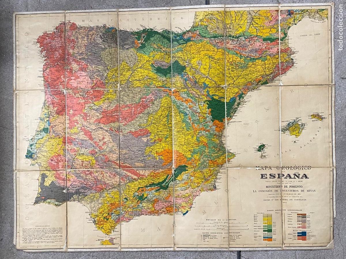 Mapas contempor&aacute;neos: Mapa plegable sobre tela geol&oacute;gico de Espa&ntilde;a 1902 Cort&aacute;zar