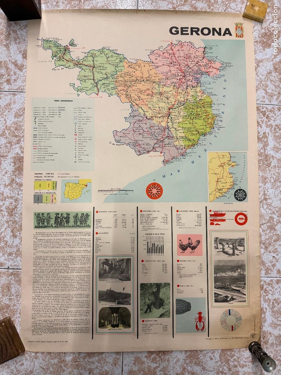 Mapas contempor&aacute;neos: poster Vintage MAPA DE GERONA con historia y estadistica. Original 1964. Mide 80x55cms