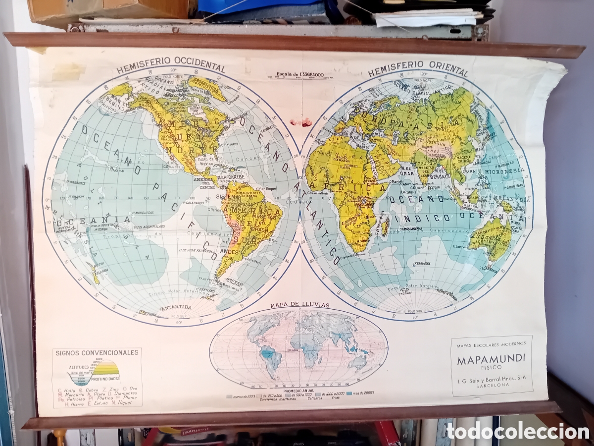 Mapas contempor&aacute;neos: Mapamundi F&iacute;sico antiguo hemisferios -J. G. Seix y Barral Hnos. S.A.