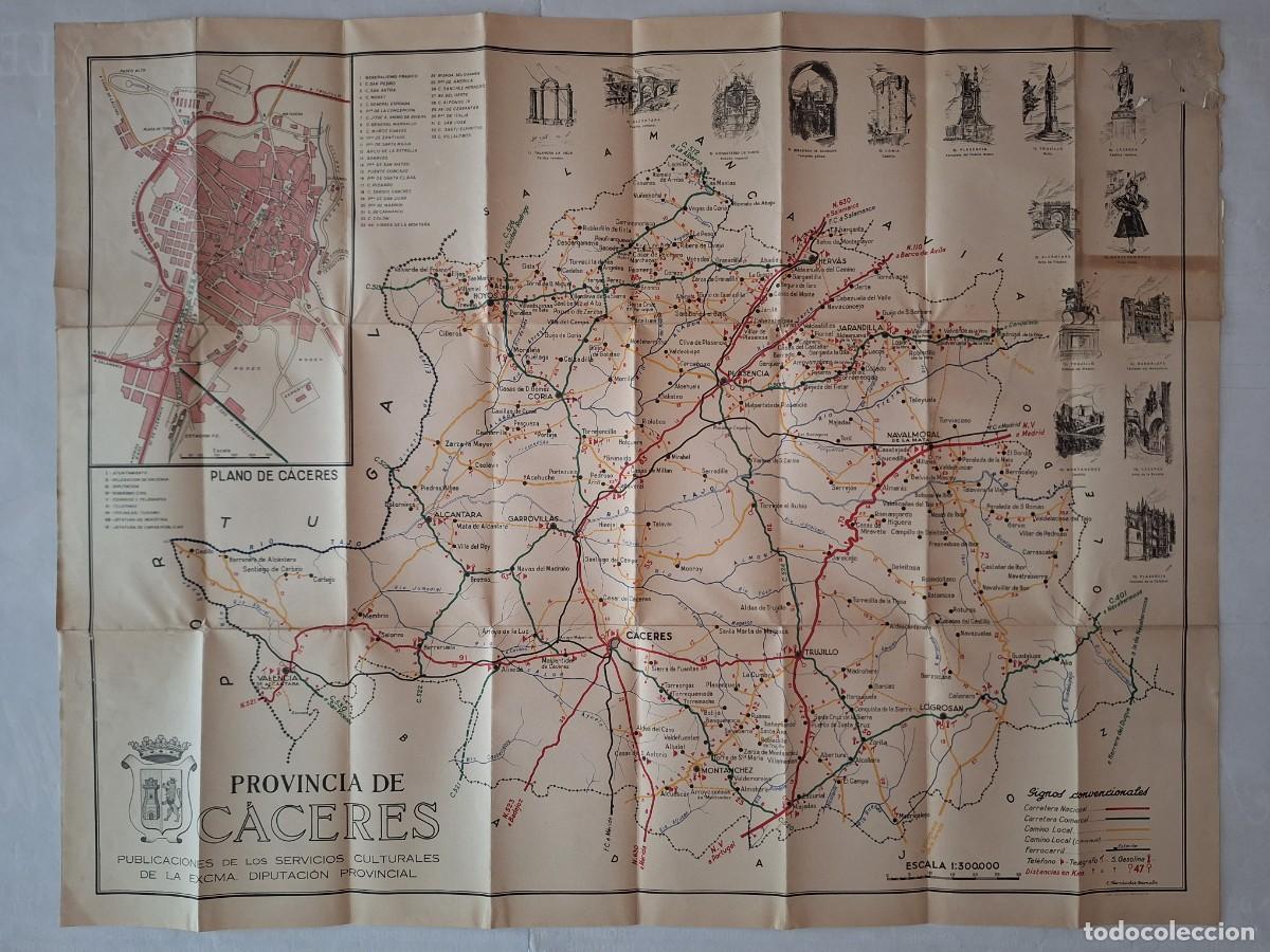 Mapas contempor&aacute;neos: CACERES ANTIGUO MAPA COMUNICACIONES PROVINCIA CONTIENE PLANO CENTRO CIUDAD CACERES 89X69 CM. RV