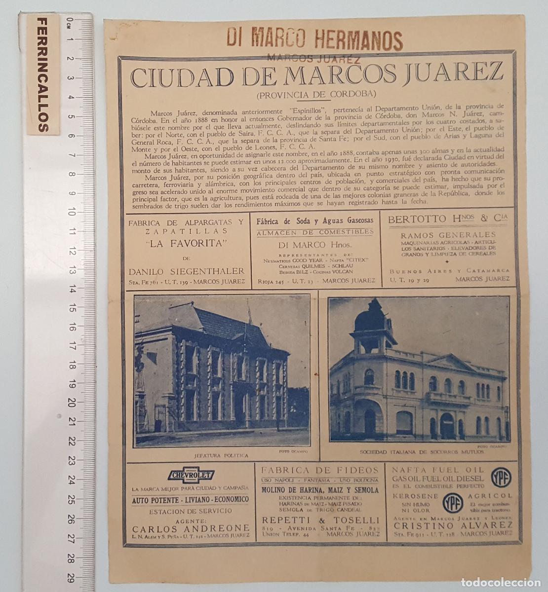 Mapas contempor&aacute;neos: CURIOSO PLANO DE MARCOS JUAREZ (C&Oacute;RDOBA, ARGENTINA) PUBLICIDAD, SELLO DE DI MARCO HERMANOS