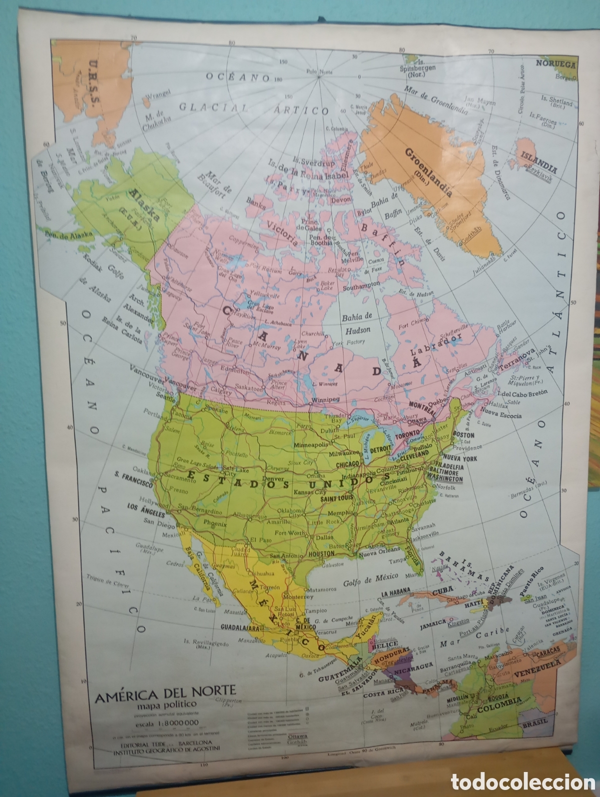 Mapas contempor&aacute;neos: Am&eacute;rica del Norte Mapa Pol&iacute;tico y F&iacute;sico Doble Cara de Agostini 1981 de escuela colegio