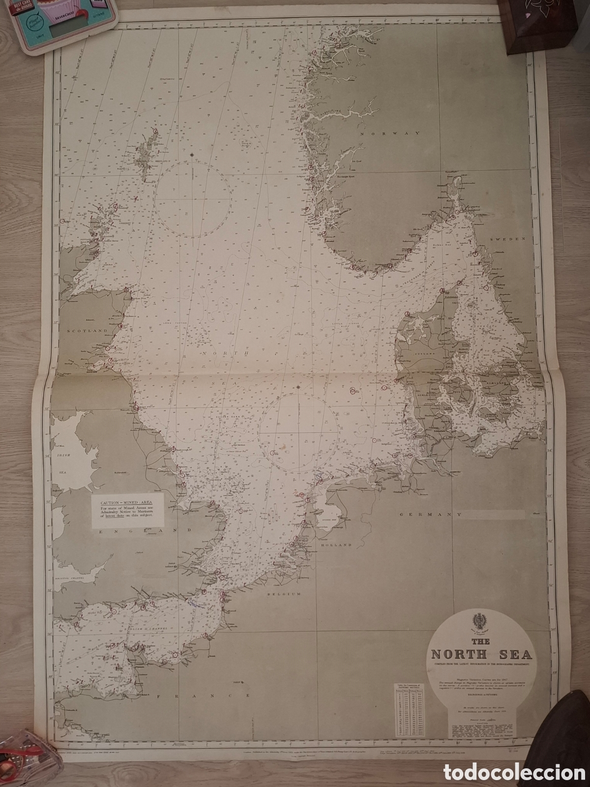 Mapas contempor&aacute;neos: Carta n&aacute;utica The North Sea, Mar del Norte, con campos de minas, 1947