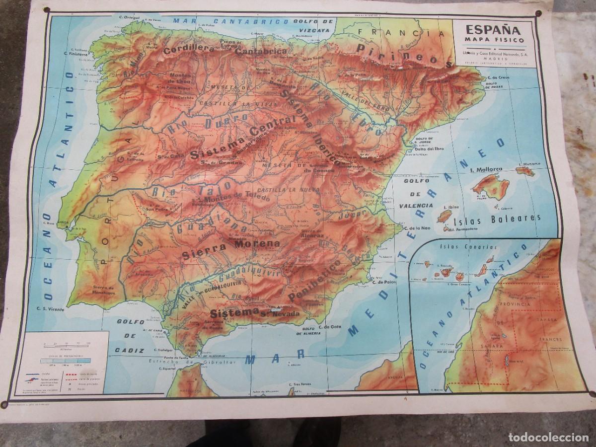 Mapas contempor&aacute;neos: MAPA FISICO ESPA&Ntilde;A ENTELADO, DE EDITORIAL HERNANDO 1959 - 65X48CM ESCALA EN KM PROFUNDIDAES AZUL.