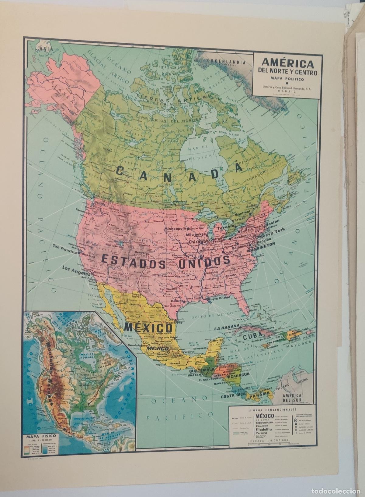 Mapas contempor&aacute;neos: Mapa pol&iacute;tico y f&iacute;sico. Am&eacute;rica del Norte y Centro. Editorial Hernando. 1962. 49,5 x 67 cm