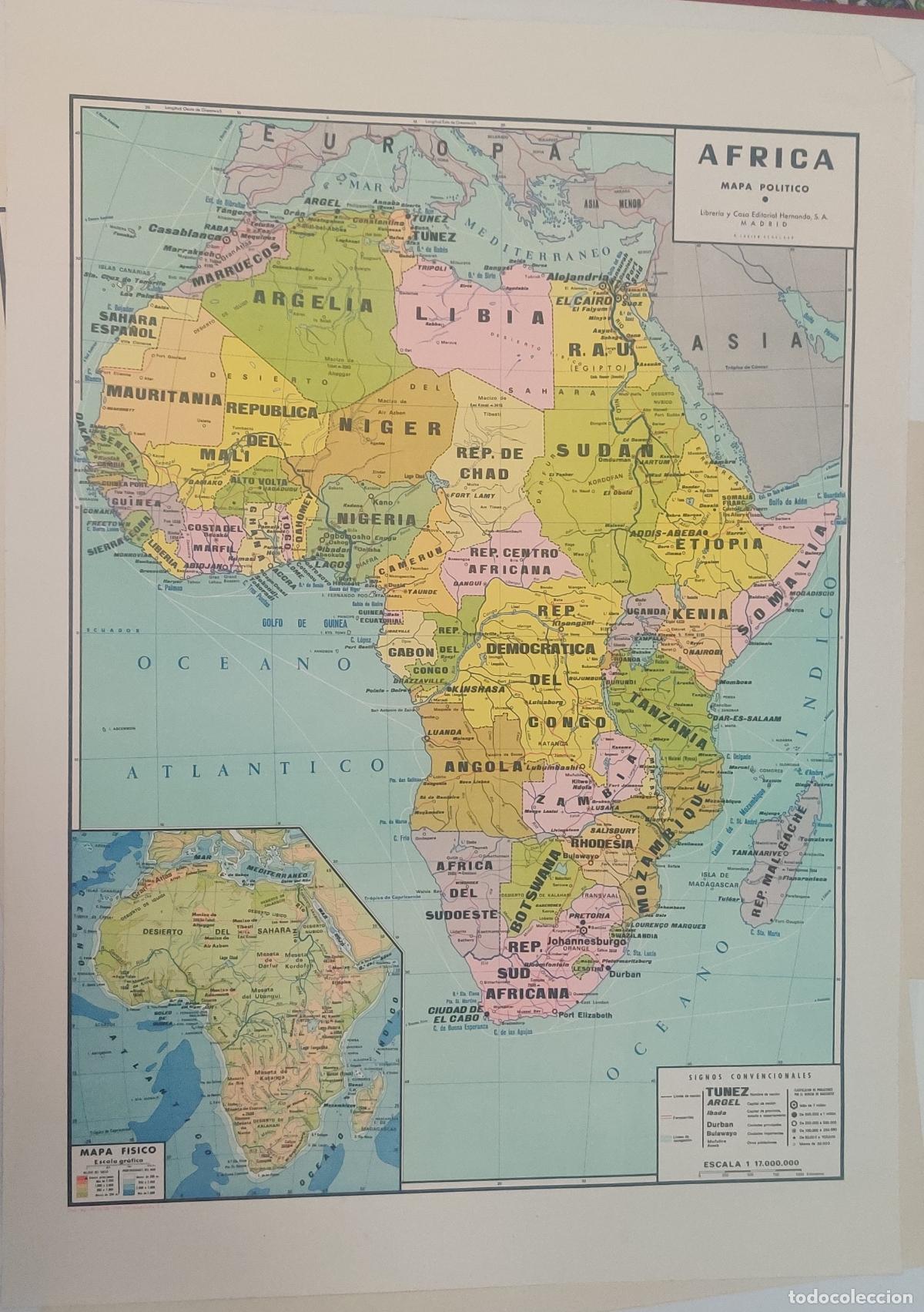 Mapas contempor&aacute;neos: Mapa pol&iacute;tico y f&iacute;sico. &Aacute;frica. Editorial Hernando. 1969. 49,5 x 69 cm