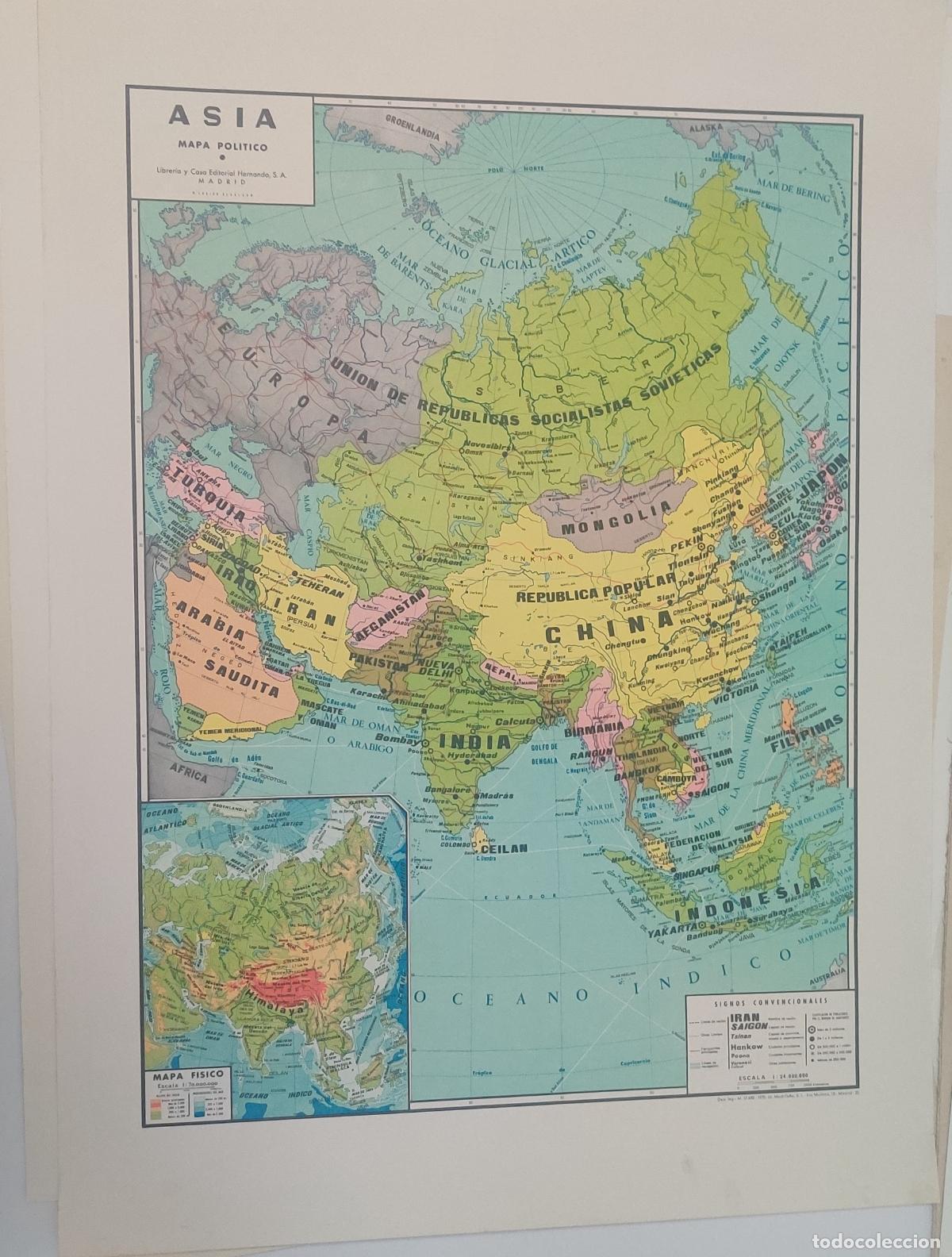 Mapas contempor&aacute;neos: Mapa pol&iacute;tico y f&iacute;sico. Asia. Editorial Hernando. 1970. 49,5 x 69 cm