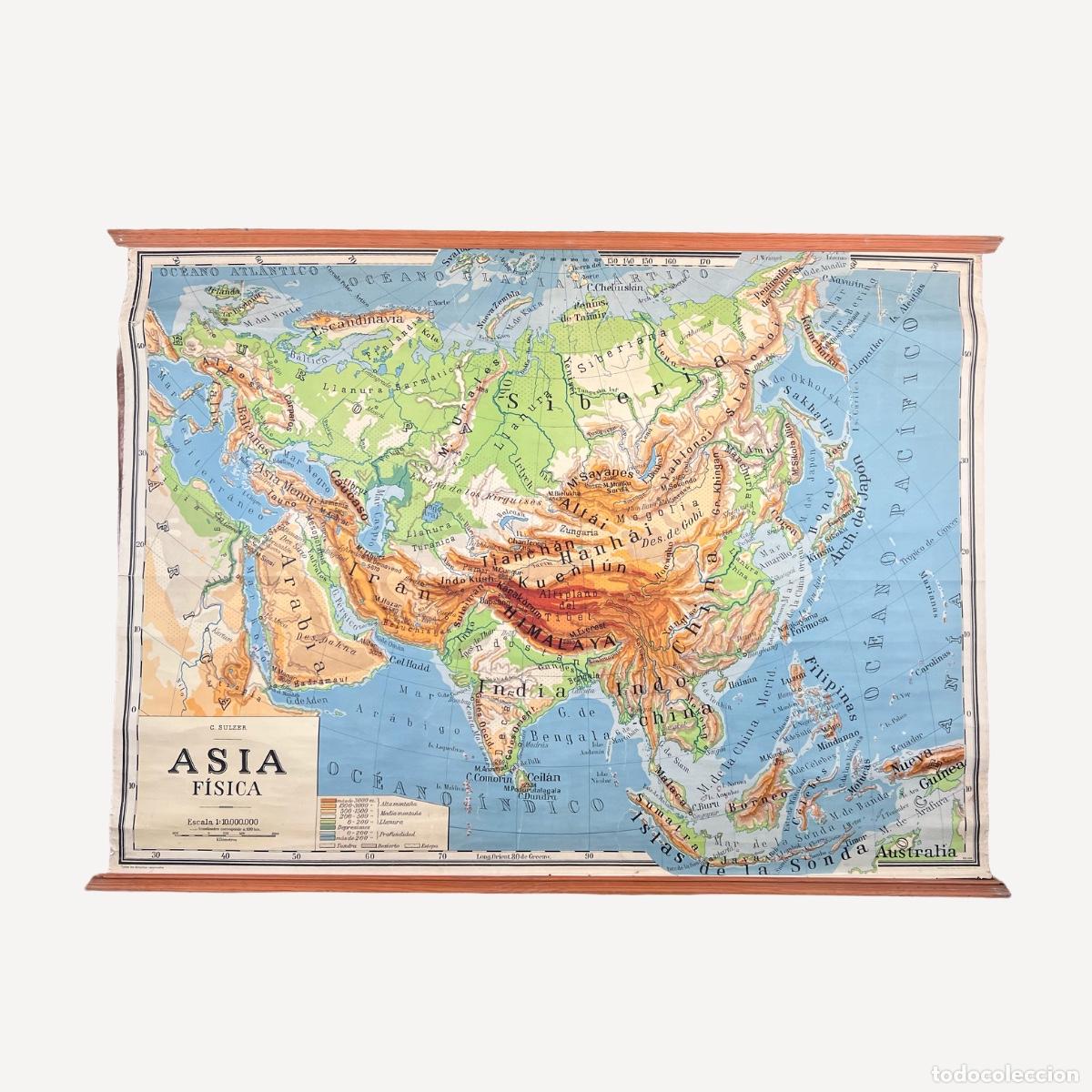 Mapas contempor&aacute;neos: Mapa F&iacute;sico Asia C. Sulzer, A Vallardi, Italia. A&ntilde;os 50