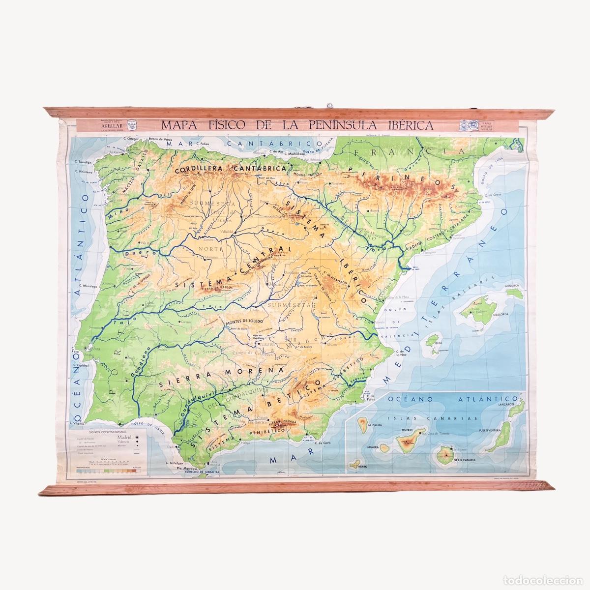 Mapas contempor&aacute;neos: Mapa F&iacute;sico Espa&ntilde;a Aguilar de Ediciones 1958