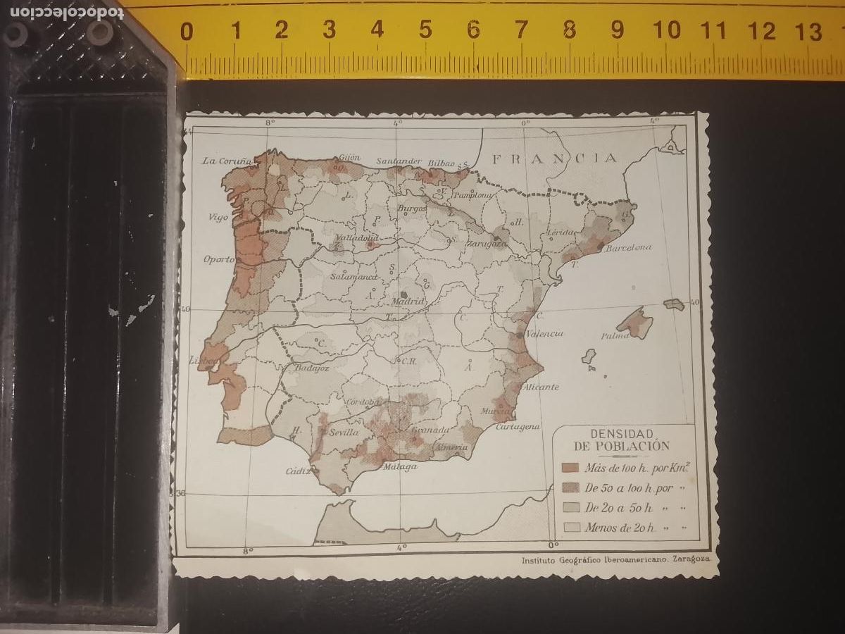 Mapas contempor&aacute;neos: plano mapa ESPA&Ntilde;A PENINSULA DENSIDAD DE POBLACION - TRASERA CENTENO