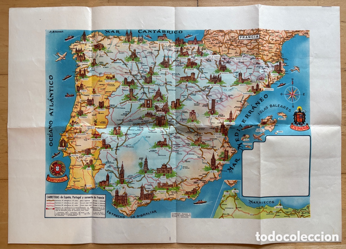 Mapas contempor&aacute;neos: (L955) Gran mapa tur&iacute;st. ilust. Espa&ntilde;a, Portugal, SO Francia &ndash; Ed GIOR &ndash; J. Sanch&iacute;s &ndash; c. 1950