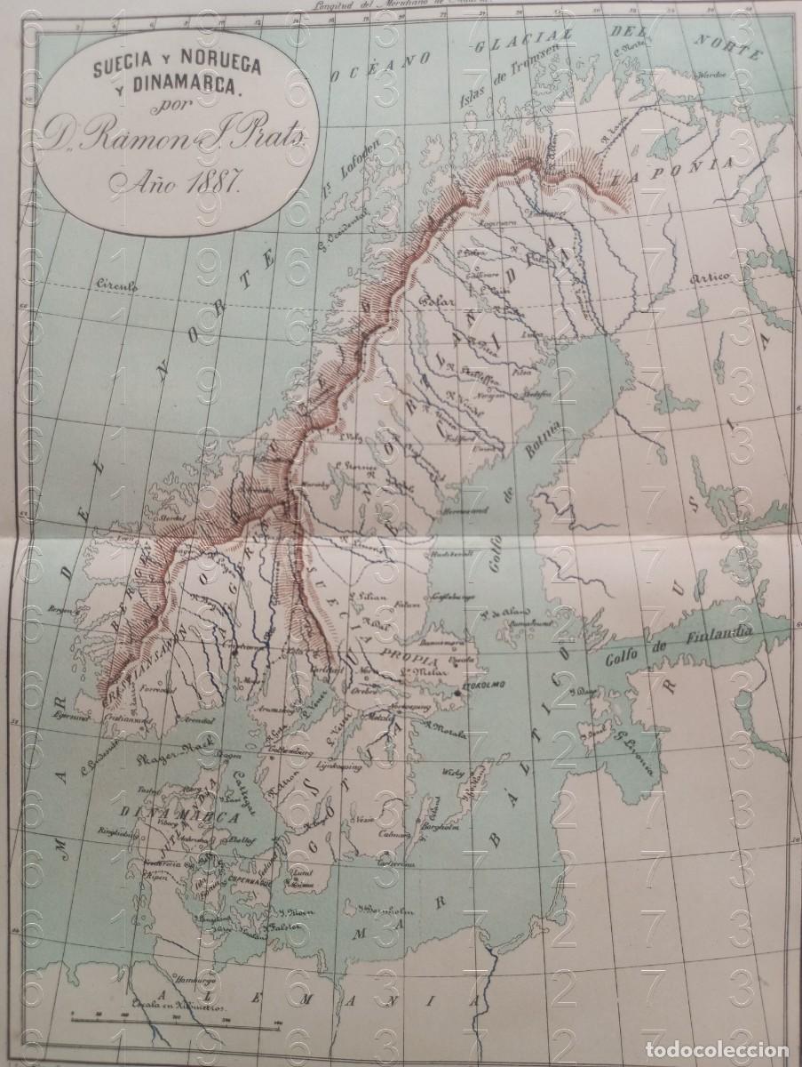 Mapas contempor&aacute;neos: 1887 SUECIA NORUEGA DINAMARCA PAISES ESCANDINAVOS RAMON PRATS MAPA 41X30 MAPA ANTIGUO C14