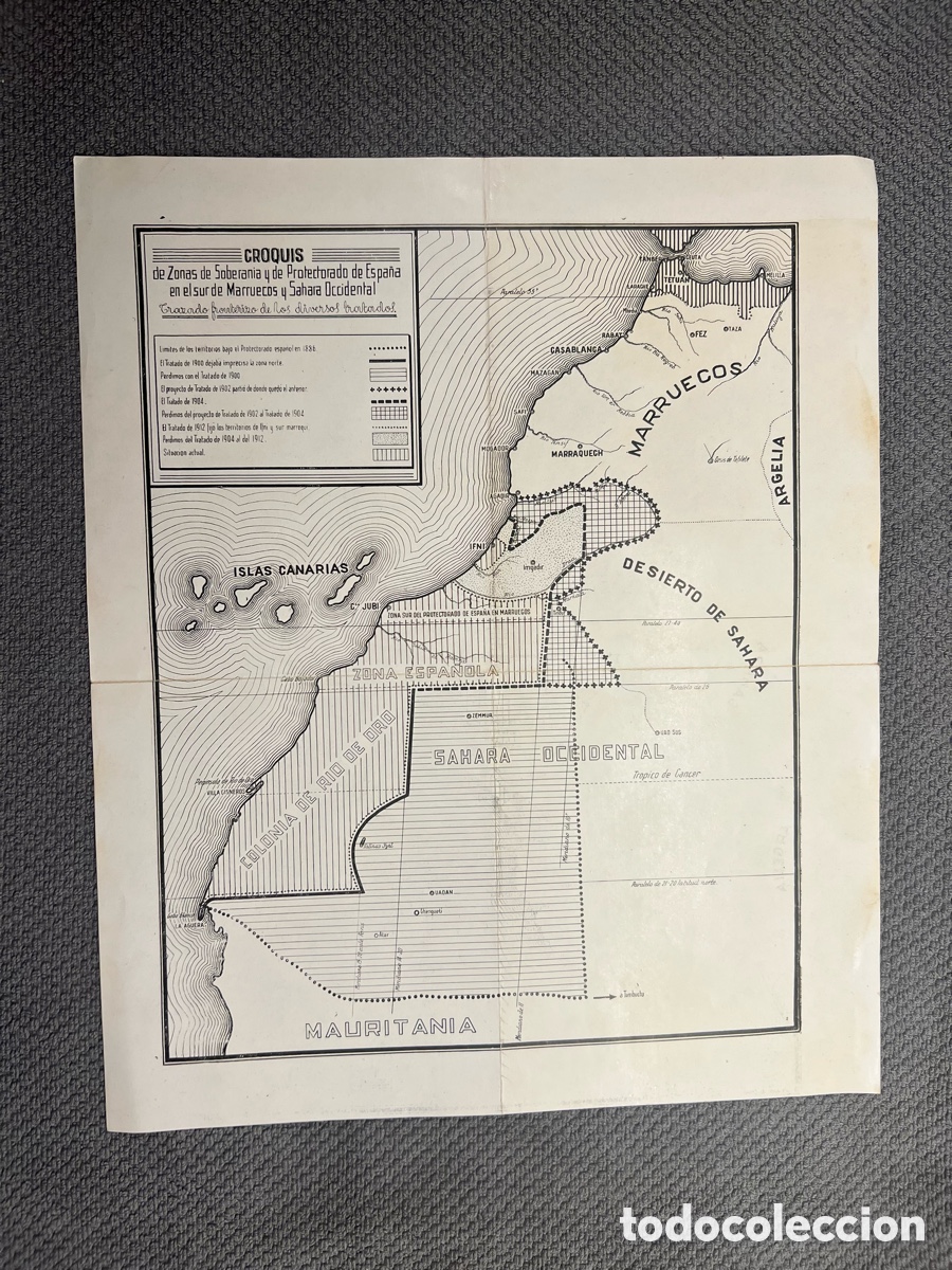 Mapas contempor&aacute;neos: SAHARA. Mapa Zonas de Soberania y de Protectorado de Espa&ntilde;a en el sur de Marruecos y S&aacute;hara